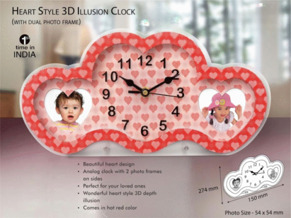 "Premium Heart Style 3D Illusion Clock with Dual Photo Frames
