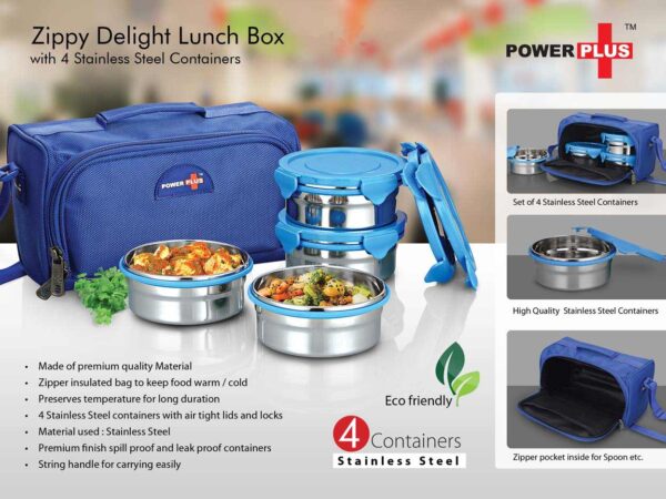 Zippy Delight Lunch Box with 4 stainless steel containers, insulated bag, and string handle, eco-friendly.