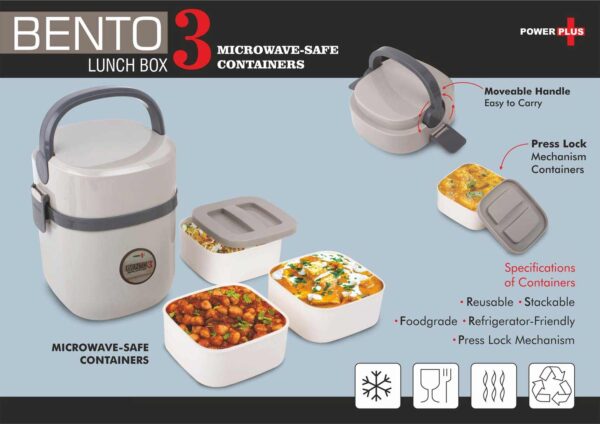 Bento 3 Lunch Box with 3 microwave-safe containers, press-lock, and handle, ideal for corporate gifting.