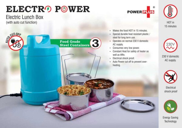 Electro Steel electric lunch box with 3 stainless steel containers, power cord, and control panel, showing auto shut-off feature and 230V compatibility.