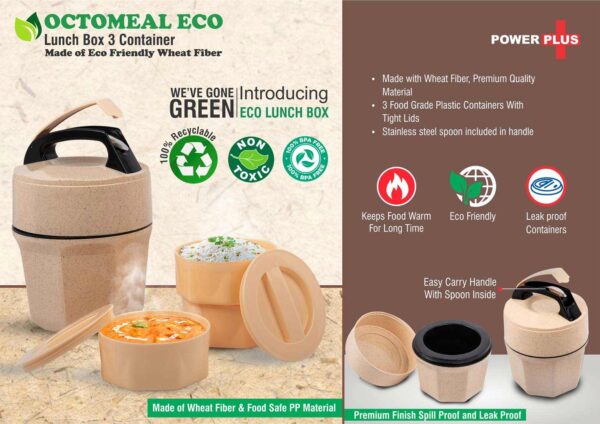 Octomeal Eco Lunch Box with 3 wheat fiber containers, spoon enclosure, and handle, eco-friendly gift.