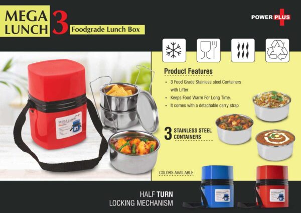 Power Plus stainless steel lunch box with 3 containers and detachable strap