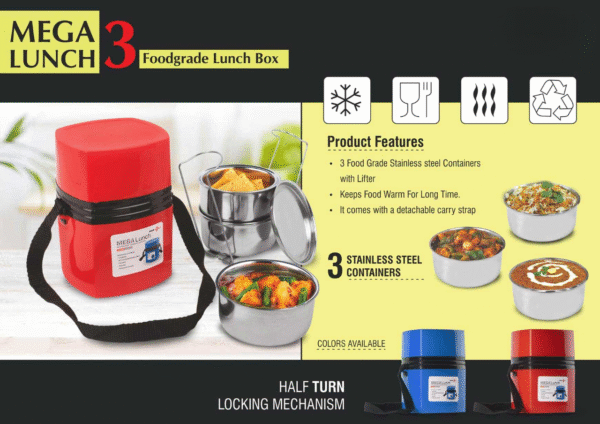 Mega Steel Lunch Box- 3 Stainless Steel Containers