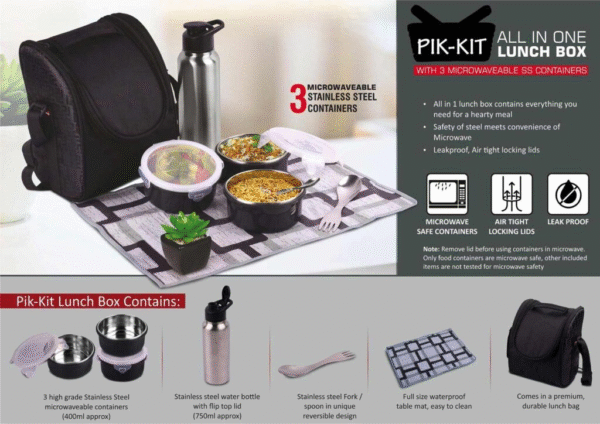 Pik-Kit All-in-1 Lunch Box with 3 Microwaveable SS Containers