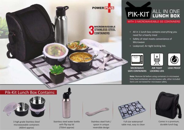 Pik-Kit stainless steel lunch box set with 3 microwave-safe containers, water bottle, utensils, and lunch bag, displayed on a table