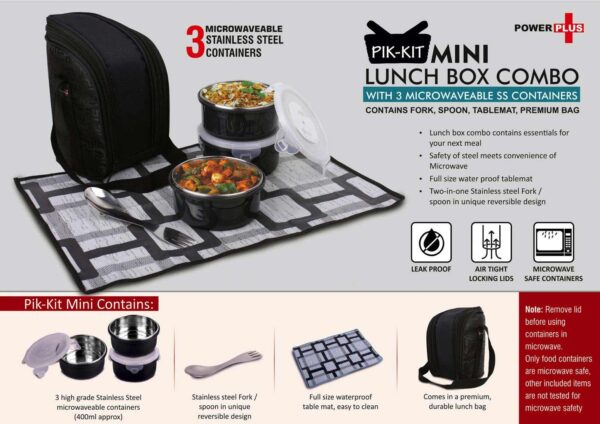 Pik-Kit Mini Lunch Box with 3 SS microwaveable containers, fork/spoon, mat, and premium bag for gifting.