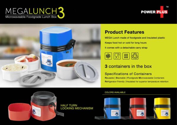 Power Plus Mega Lunch Box with 3 colorful plastic containers and carrying strap
