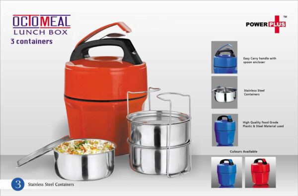 Octomeal stainless steel lunch box with 3 food-grade containers, carry handle, and spoon enclosure, displayed in multiple colors.