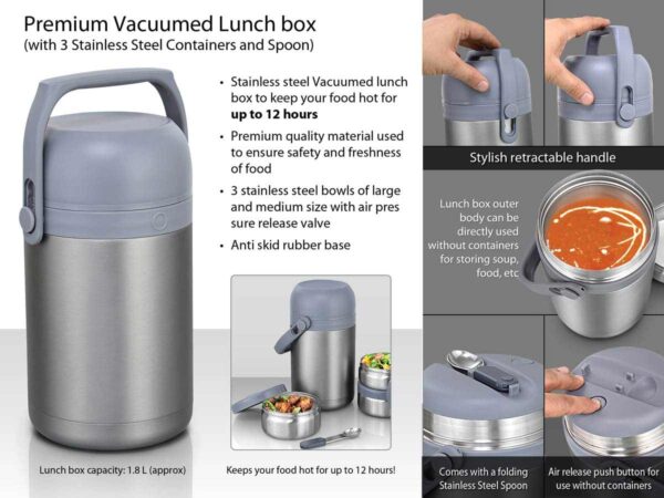 Premium stainless steel vacuum lunch box with 3 containers, folding spoon, and retractable handle, keeping food hot for 12 hours