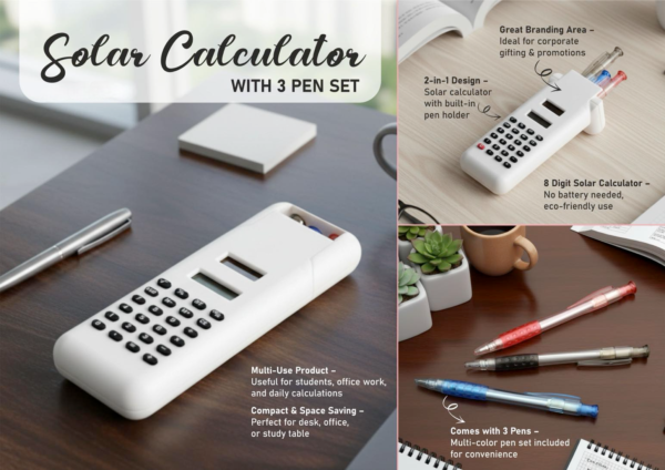Solar Calculator with 3 Pen Set