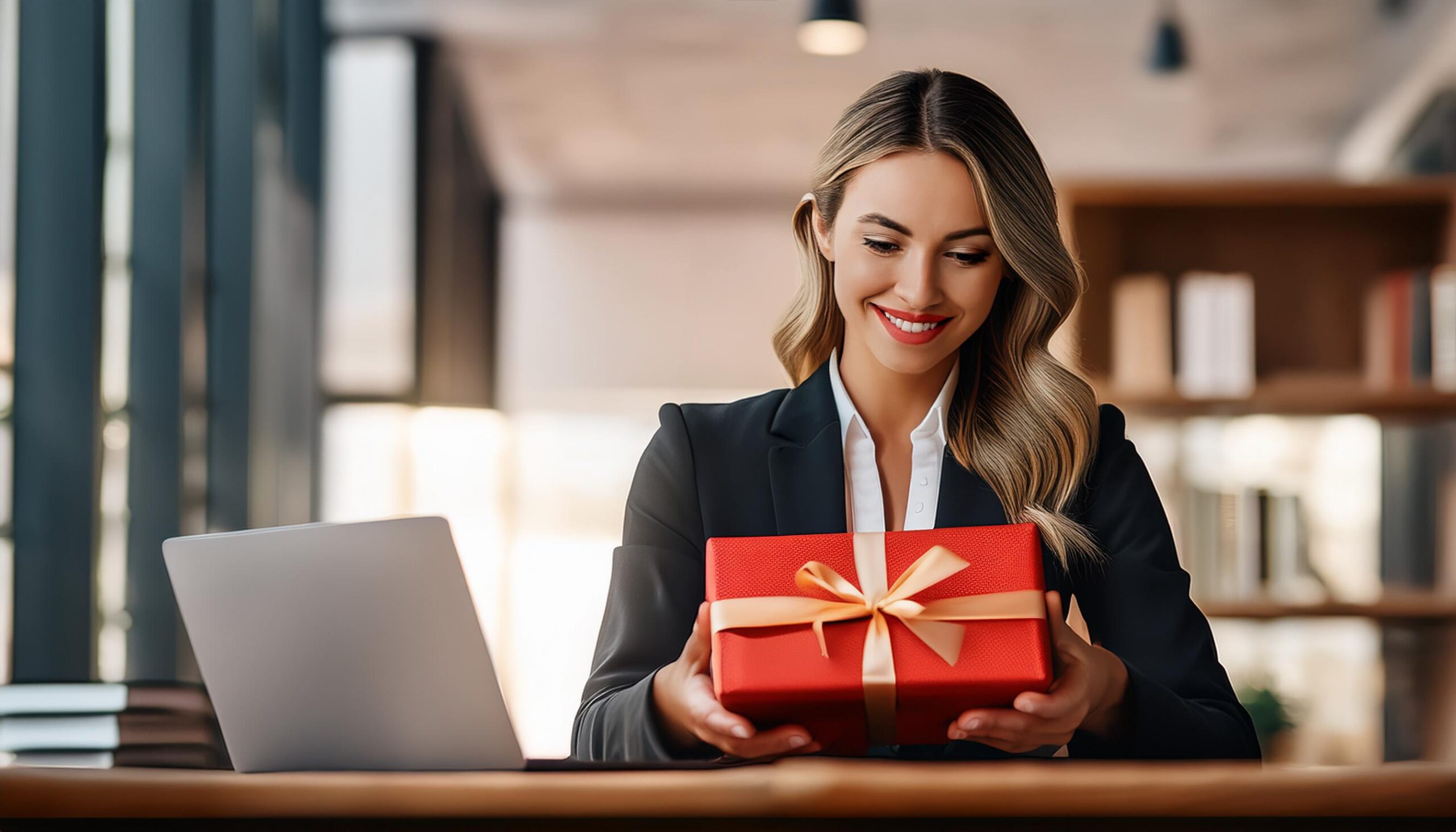 An employee happily using a personalized corporate gift at their desk.