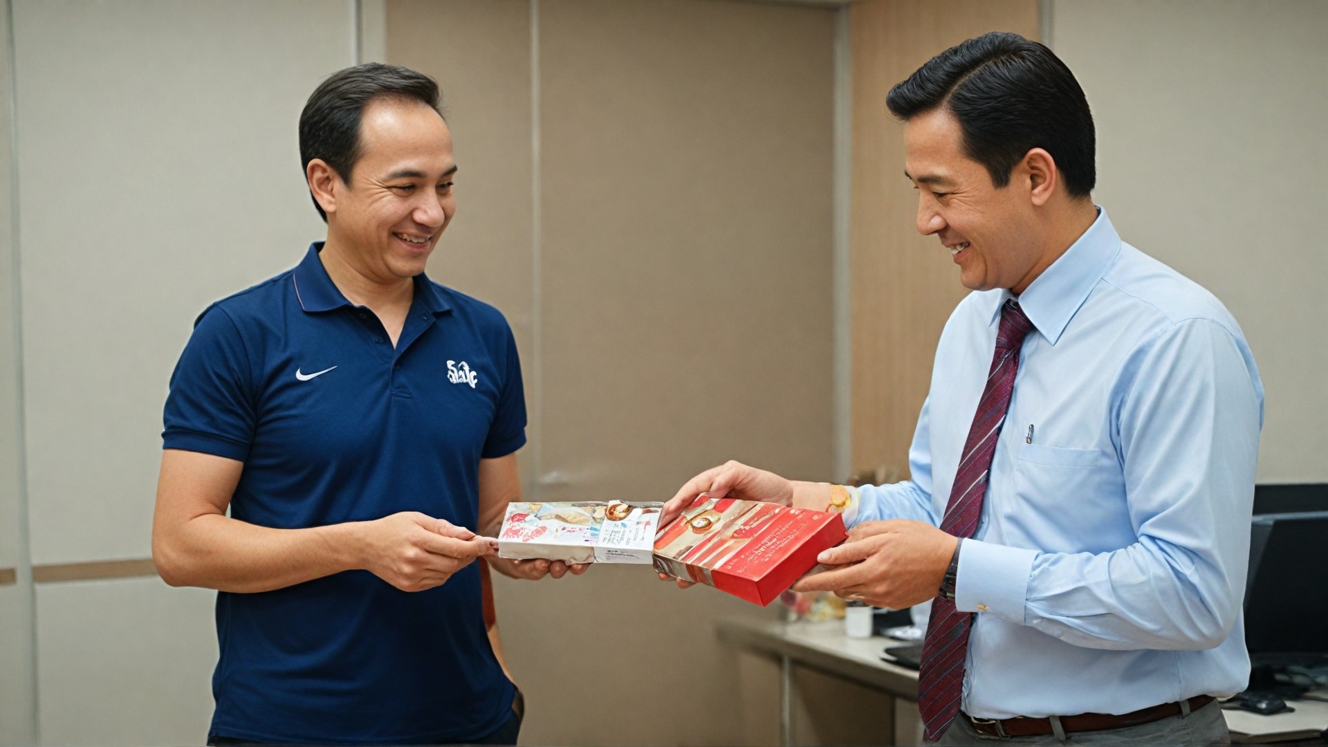 A manager presenting a personalized gift to an employee celebrating a work anniversary