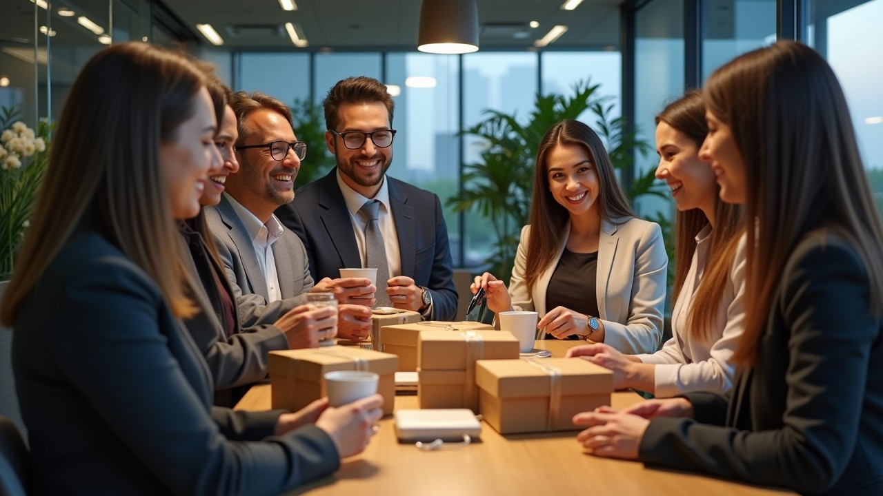 Business professionals exchanging eco-friendly, personalized, and tech-enabled corporate gifts in a modern office setting, showcasing the psychology and impact of corporate gifting.