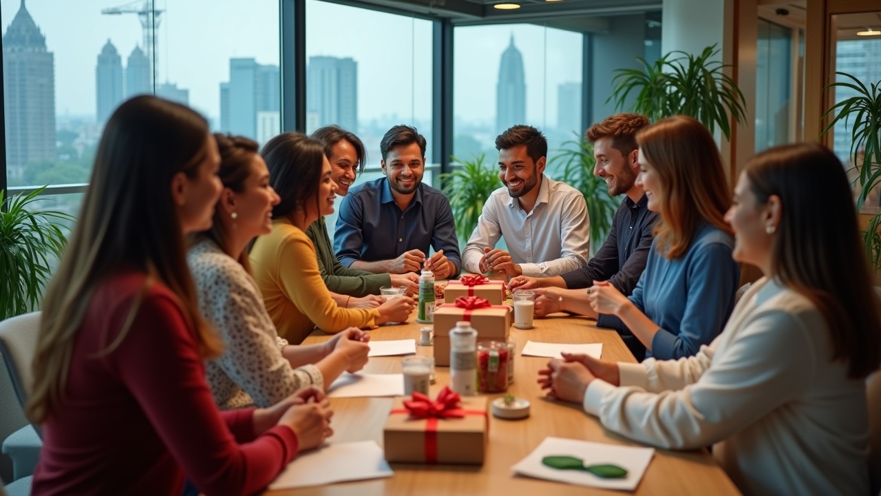 A vibrant, professional scene of a corporate office in Bangalore with a diverse group of professionals exchanging beautifully wrapped corporate gifts. The gifts include branded apparel, eco-friendly products, and drinkware. The office has a modern, sleek design with glass walls, greenery, and a view of Bangalore’s skyline in the background. The atmosphere is warm and celebratory, with smiles and handshakes