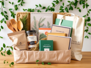 Eco-friendly corporate gift hamper with sustainable products like bamboo utensils and organic tea, ideal for eco-conscious gifting.