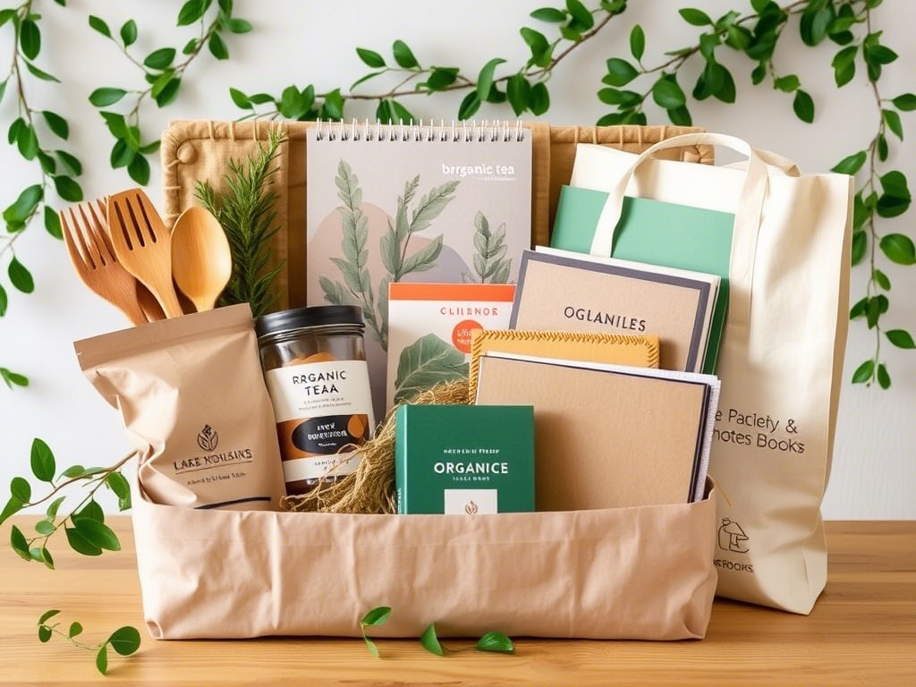 Eco-friendly corporate gift hamper with sustainable products like bamboo utensils and organic tea, ideal for eco-conscious gifting.