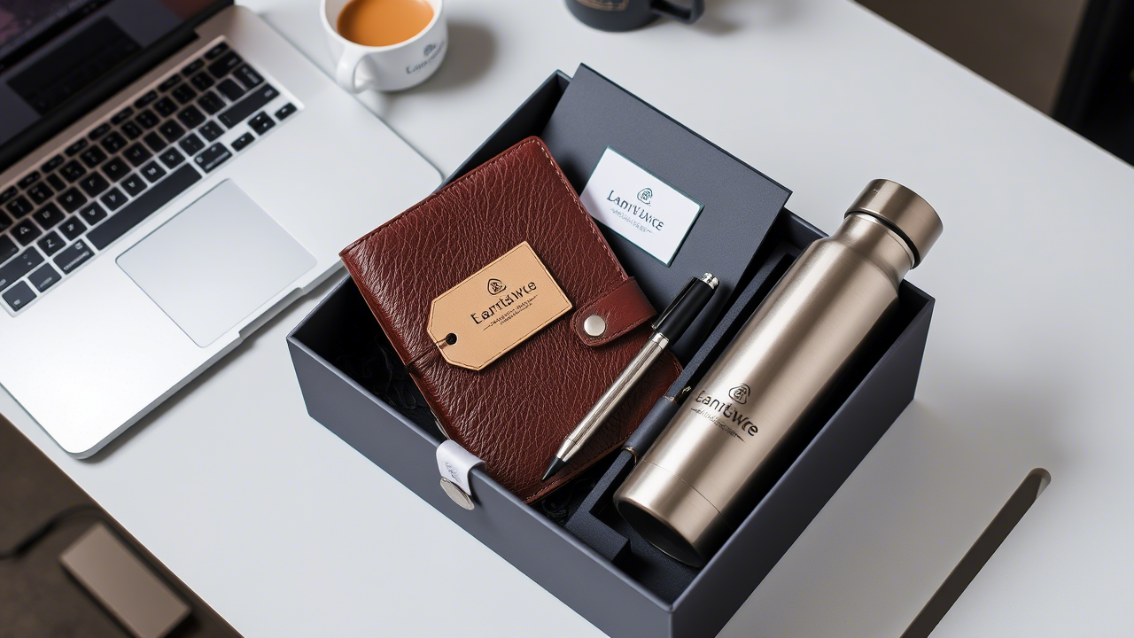 Custom-branded corporate gift box with personalized items like a leather notebook and engraved pen, perfect for client gifting.