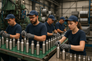 Stainless steel bottles manufacturing process at GiveAwaySmiles factory in India.