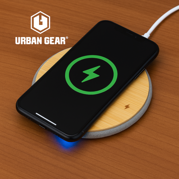 Eco-friendly iCharge 15W bamboo wireless charger by Urban Gear, shown on a flat surface glowing blue while charging a smartphone