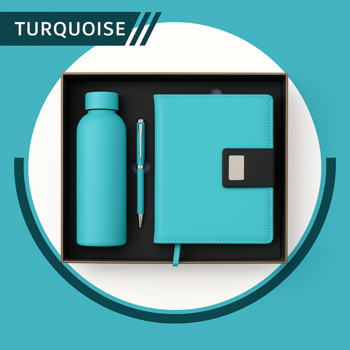 Corporate gift set including a turquoise water bottle, pen, and notebook with black strap and silver plate, neatly arranged in a black box against a clean white and turquoise background.