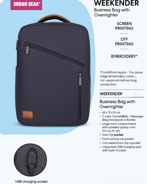 Urban Gear Weekender business backpack with side bottle holder, navy blue color.
