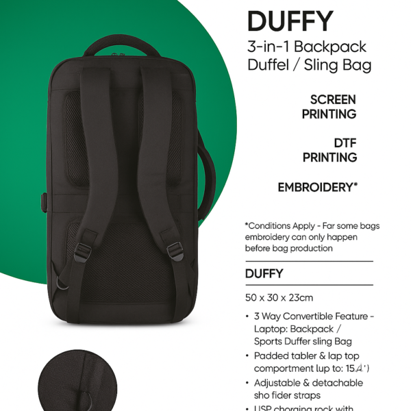Front view of DUFFY 3-in-1 backpack in upright mode, showing padded front panel and zip compartments.