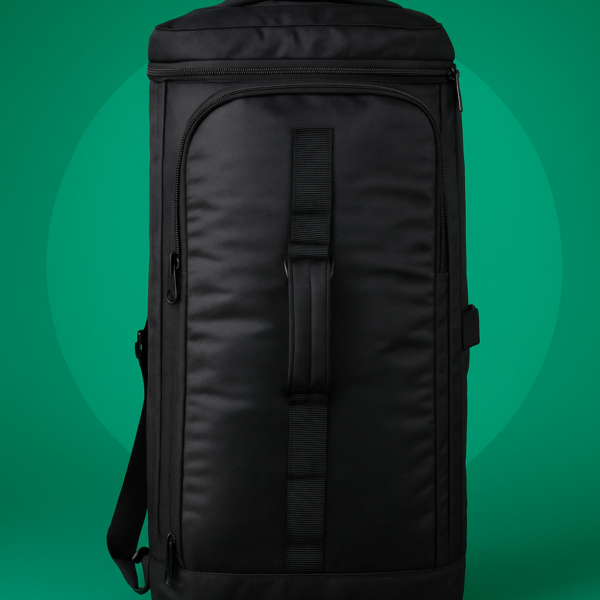 Front view of DUFFY 3-in-1 backpack in upright mode, showing padded front panel and zip compartments.