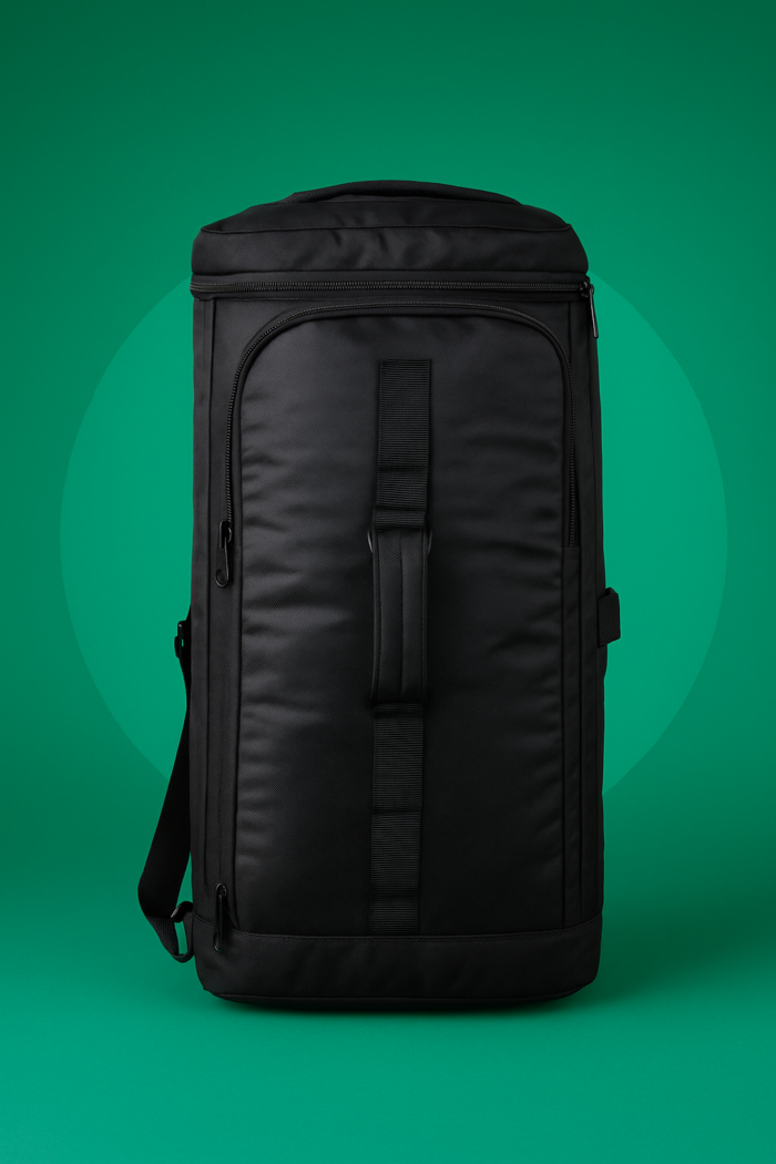 Front view of DUFFY 3-in-1 backpack in upright mode, showing padded front panel and zip compartments.
