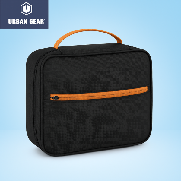 Black Urban Gear Techie Pro travel pouch with orange zipper and handle