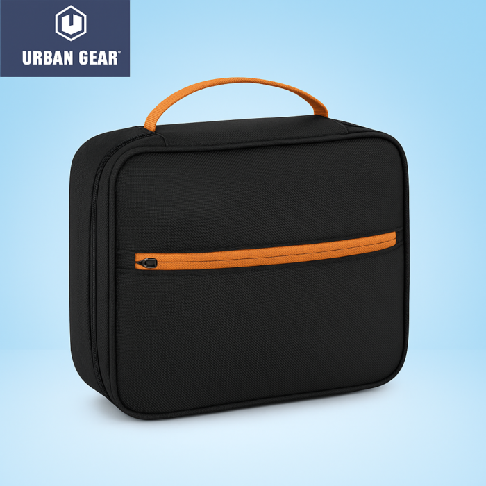 Black Urban Gear Techie Pro travel pouch with orange zipper and handle