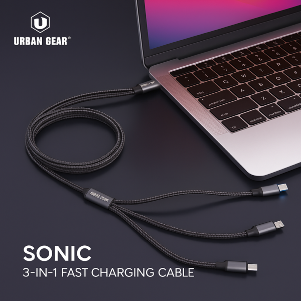 Urban Gear SONIC 3-in-1 fast charging cable with luminous chip, gray color