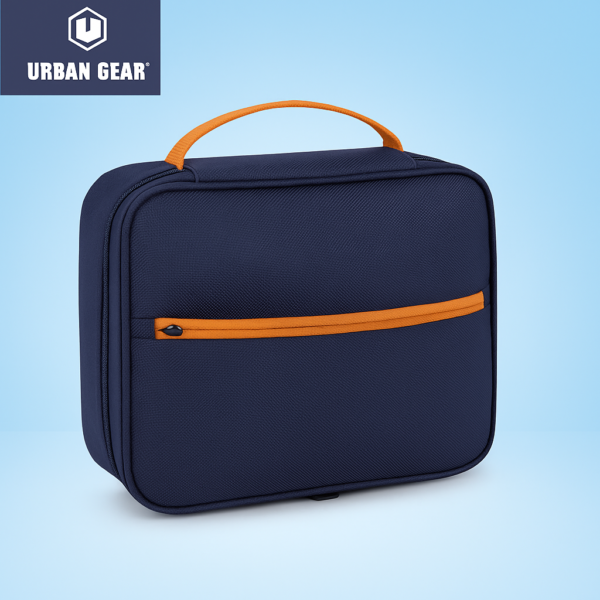 Navy blue Urban Gear Techie Pro digital organizer pouch with orange zip and handle