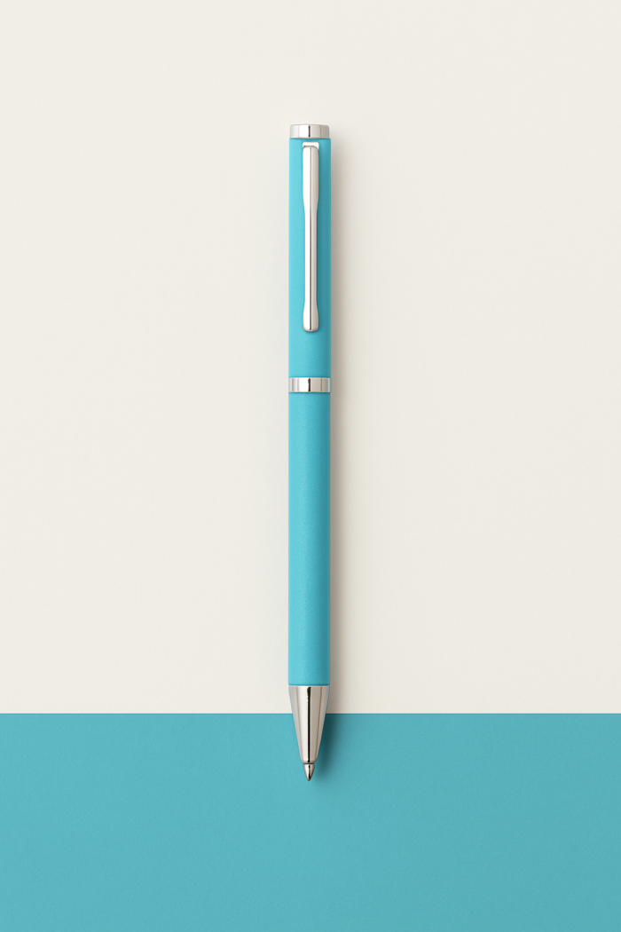 Turquoise ballpoint pen with silver accents and clip, positioned vertically on a split turquoise and off-white background.