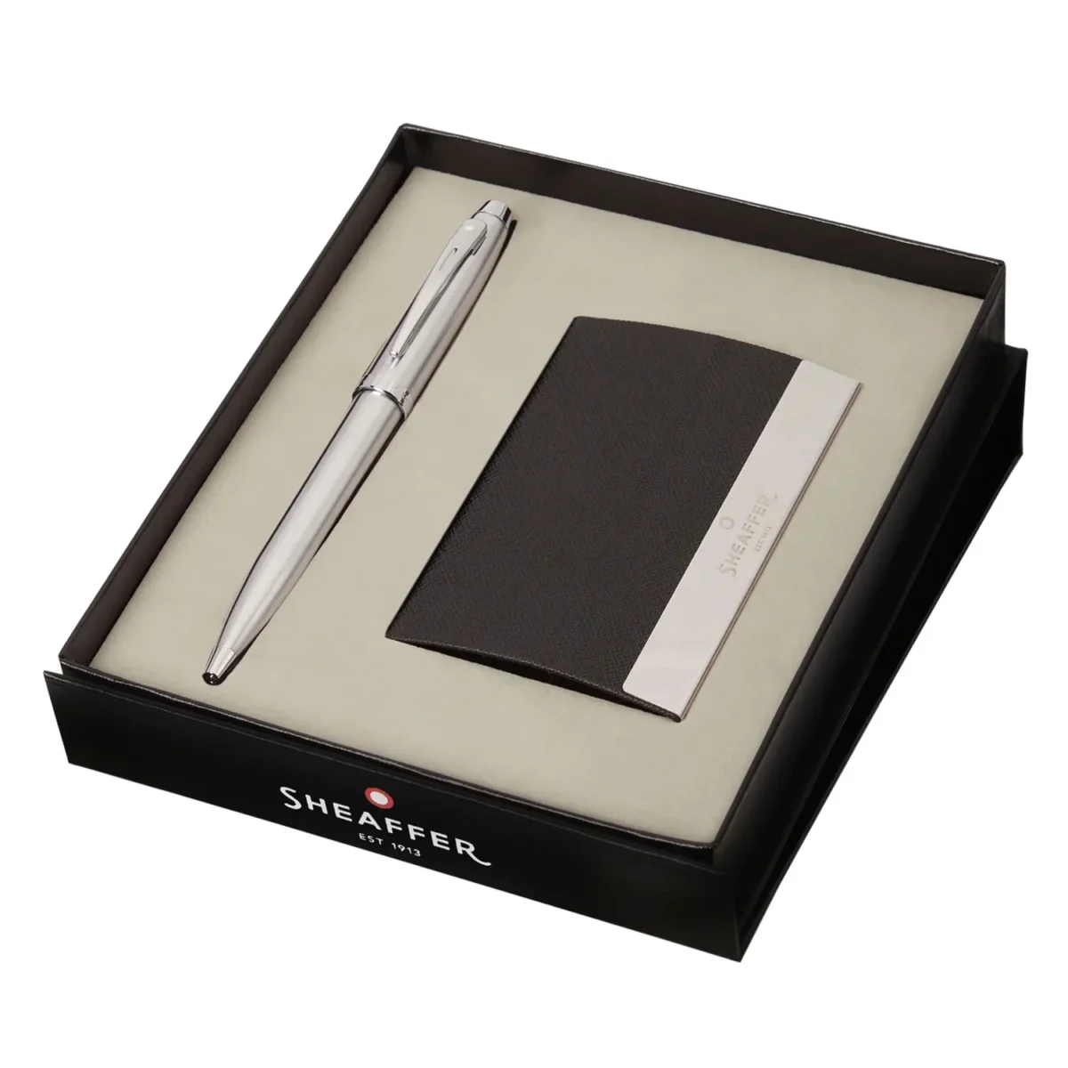 Sheaffer 100 Brushed Chrome Ballpoint Pen & Business Card Holder