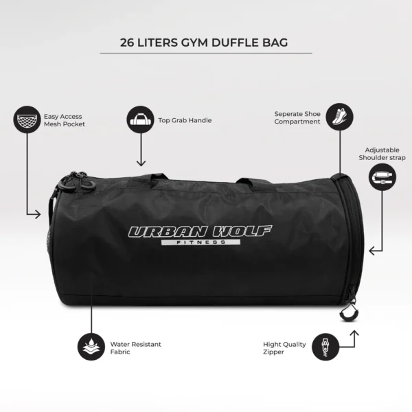 Urban Wolf 26L Gym Duffle Bag | Unisex Black