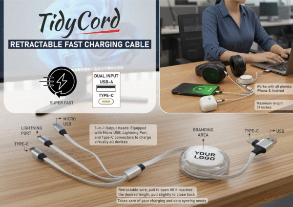 TidyCord Retractable Fast Charging cable and 3 output heads