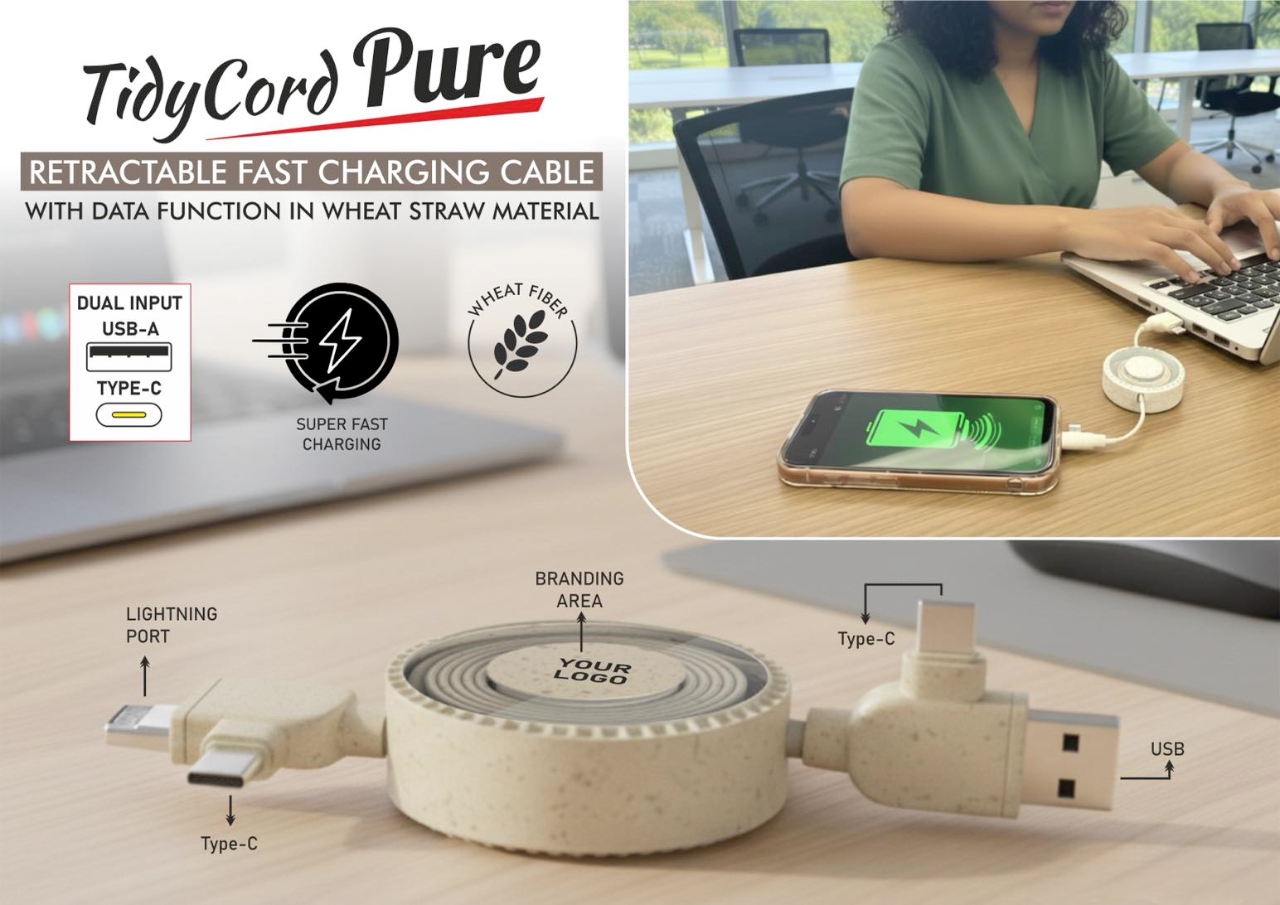 TidyCord Pure Retractable Fast Charging cable with Data function