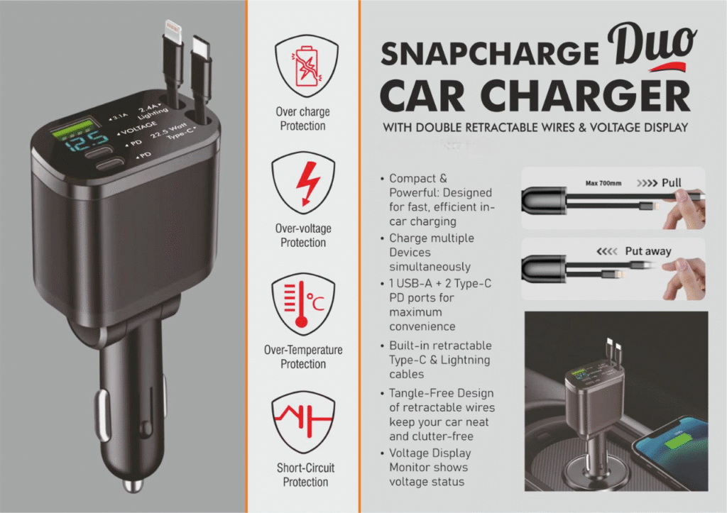SnapCharge Duo Car Charger with Double retractable wires & Voltage Display