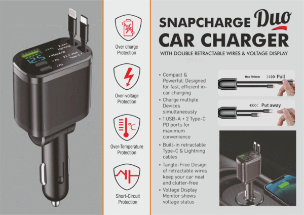 SnapCharge Duo Car Charger with Double retractable wires & Voltage Display