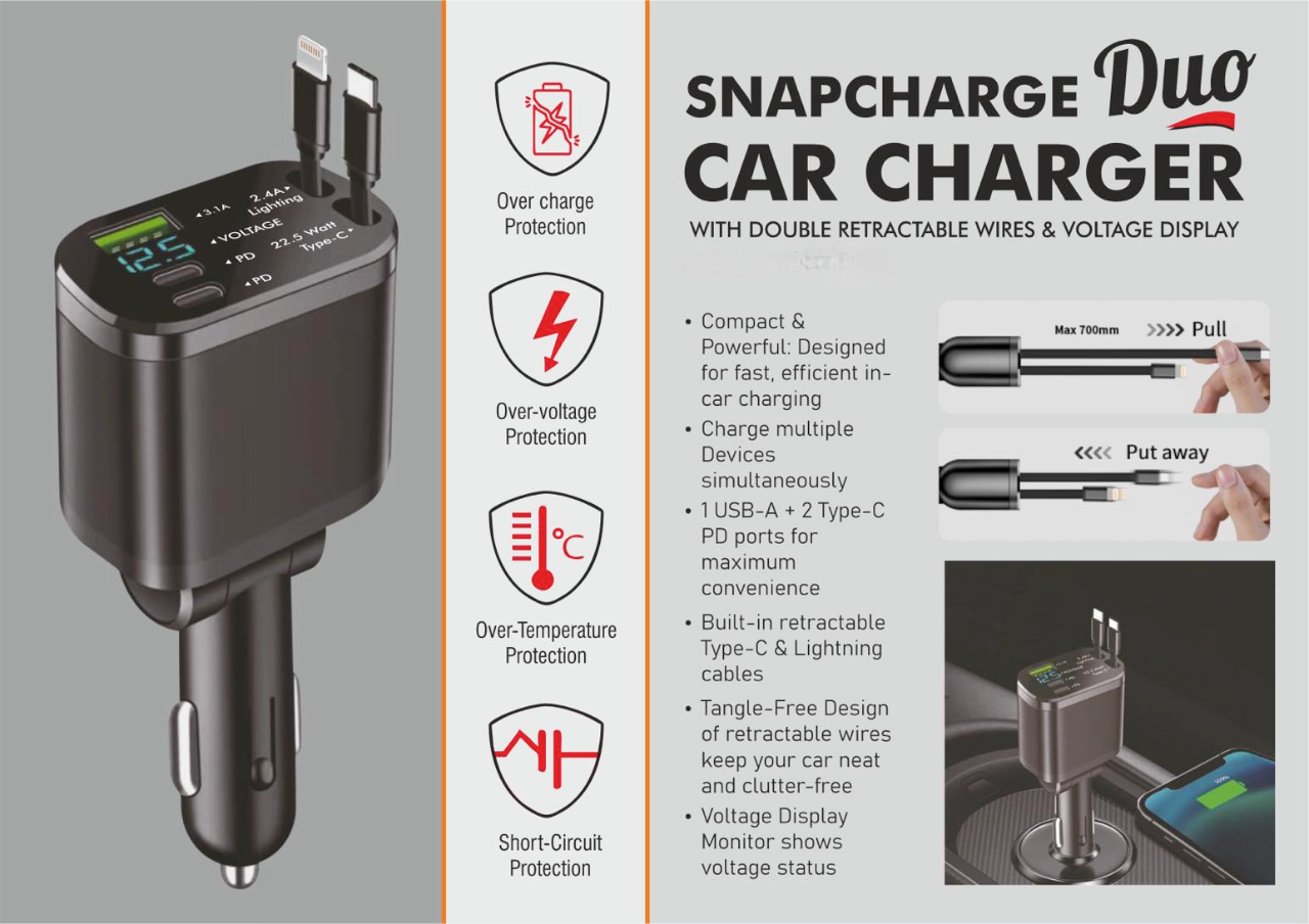 SnapCharge Duo Car Charger with Double retractable wires & Voltage Display