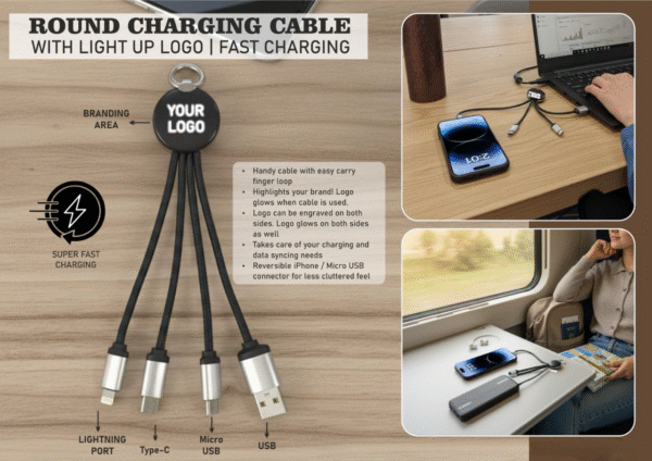 Round charging cable with light up logo | Fast Charging