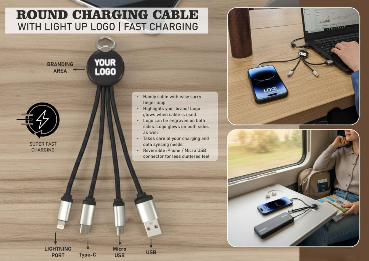 Round charging cable with light up logo | Fast Charging