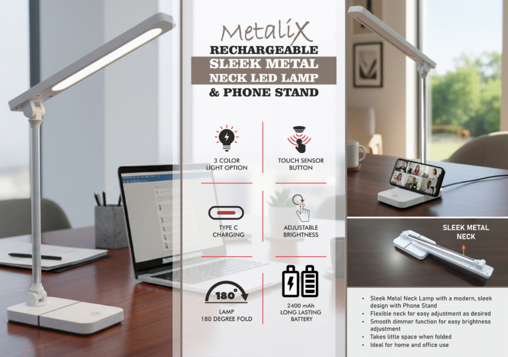 Metalix Rechargeable Sleek metal neck LED lamp