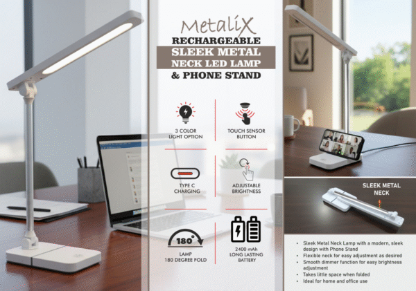 Metalix Rechargeable Sleek metal neck LED lamp