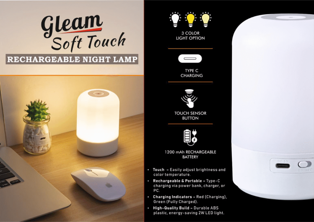 Gleam Soft touch Rechargeable Night Lamp | 3 Color light with Brightness adjustment