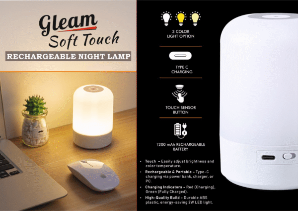 Gleam Soft touch Rechargeable Night Lamp | 3 Color light with Brightness adjustment