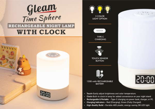 Gleam TimeSphere Soft touch Rechargeable Night Lamp with Clock