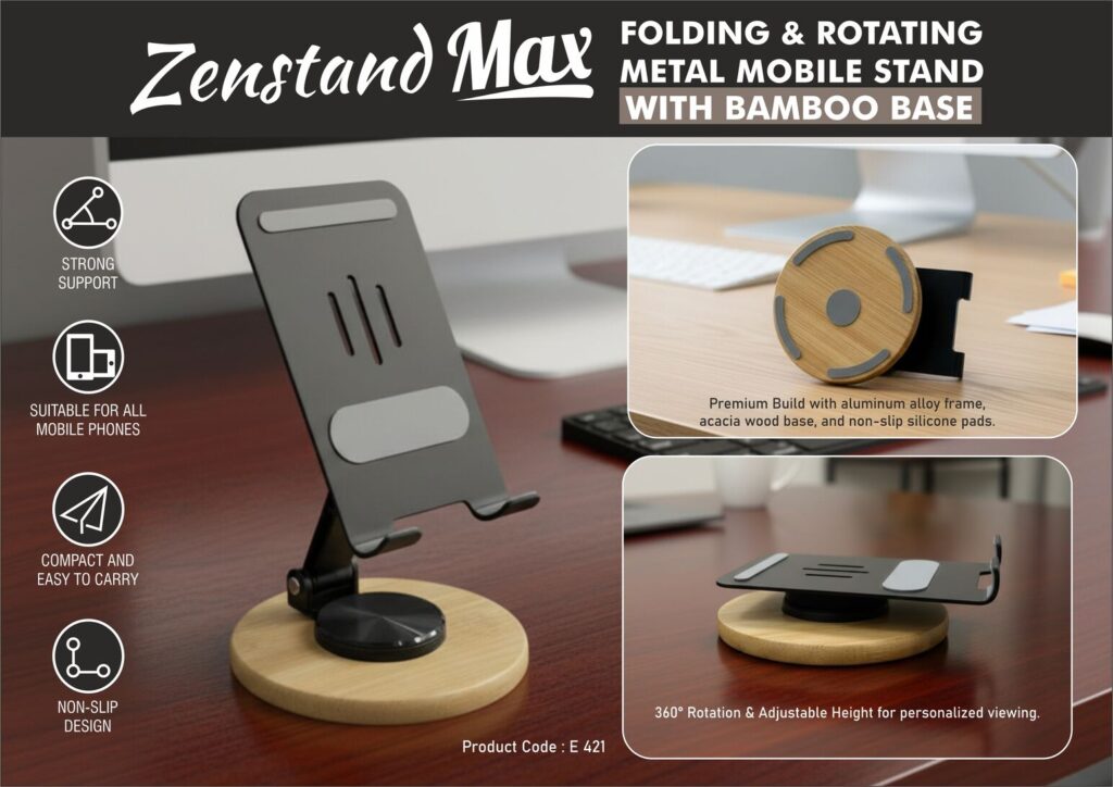 Zenstand Max: Folding & Rotating Metal Mobile Stand with bamboo base