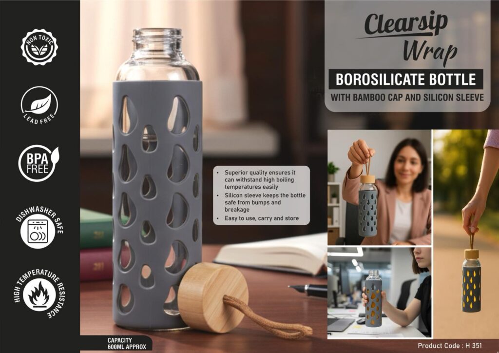 ClearSip Wrap: Borosilicate bottle with Bamboo Cap and Silicon sleeve