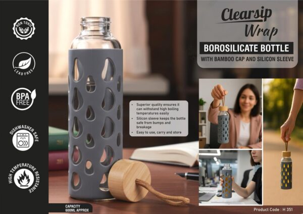 ClearSip Wrap: Borosilicate bottle with Bamboo Cap and Silicon sleeve
